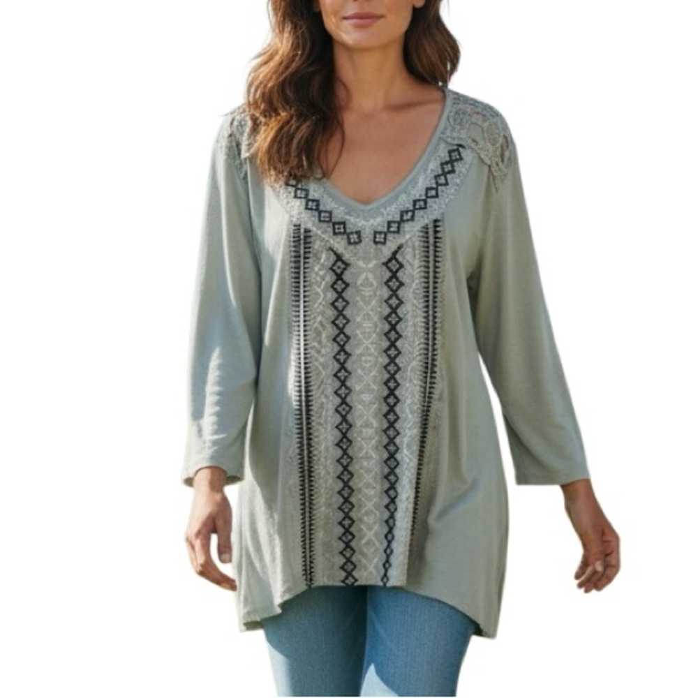 Style & Co Embroidered Top Womens Large Mint Green Knit Pointelle Lace